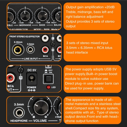 3-Channel Mixer Front Stereo Amplifier High / Mid / Bass Adjuster, USB 5V Power Supply, US Plug, B056