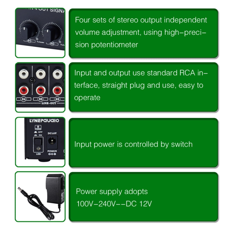 1-In 4-Out Front Stereo Signal Amplifier, Independent Output Volume Adjustment RCA Interface No Loss  Allocator, US Plug, B029