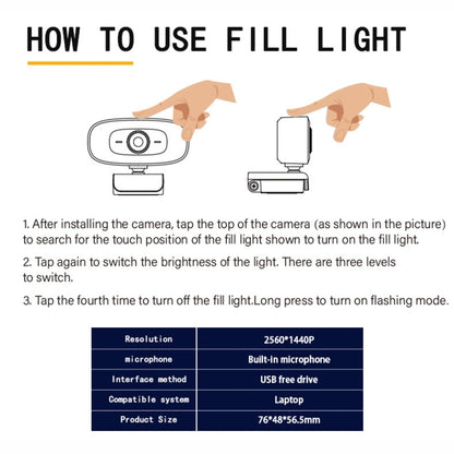 C10 2K HD Without Distortion 360 Degrees Rotate Three-speed Fill Light USB Free Drive Webcams, Built-in  Sound Clearer Microphone