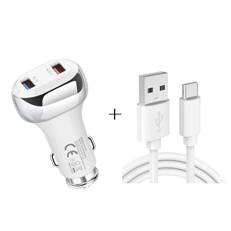 YSY-312 2 in 1 18W Portable QC3.0 Dual USB Car Charger + 1m 3A USB to USB-C / Type-C Data Cable Set, with USB-C / Type-C Cable
