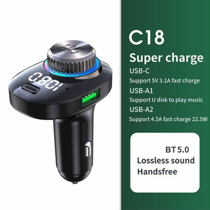 C18 Car Audio Receiver 3.1A Quick Charge USB Device BT 5.0 Color LED Backlight FM Transmitter, C18