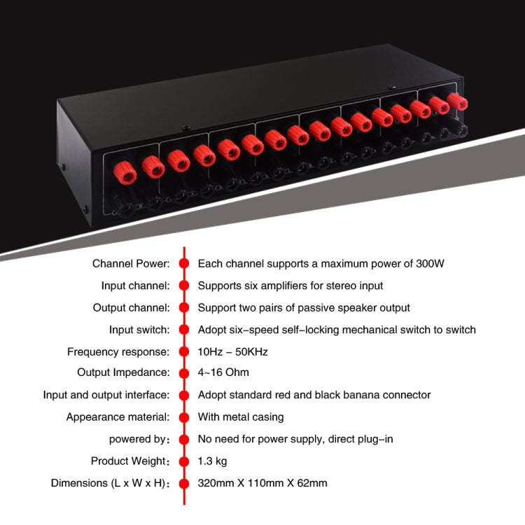 6 In 2 Out 300W Power Amplifier Switcher Loudspeaker Switch Distribute Device, 6 In 2 Out