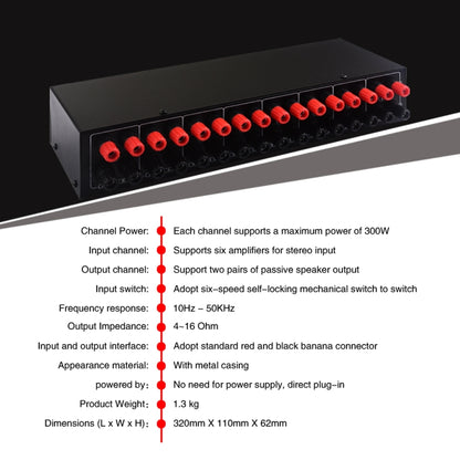 6 In 2 Out 300W Power Amplifier Switcher Loudspeaker Switch Distribute Device, 6 In 2 Out