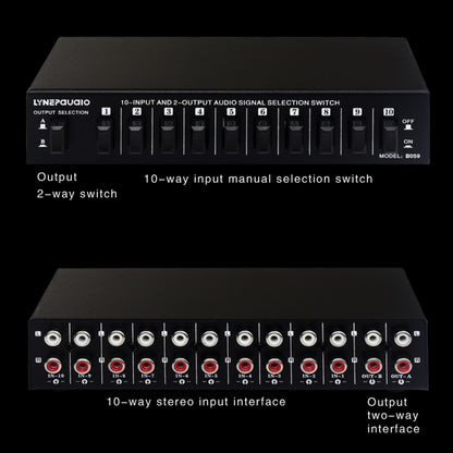B059 10 In 2 Out / 2 In 10 Out 2-Way RCA Switch Audio Frequency Signal Select Shift Device Loudspeaker Box, B059