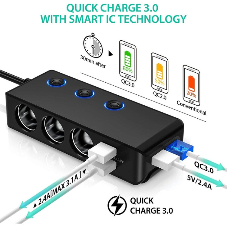 TR30 QC 3.0 Multifunctional 3 Cigarette Lighter  High Power Car Charger, TR30