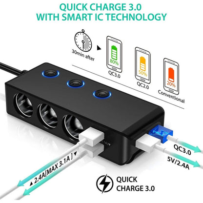 TR30 QC 3.0 Multifunctional 3 Cigarette Lighter  High Power Car Charger, TR30
