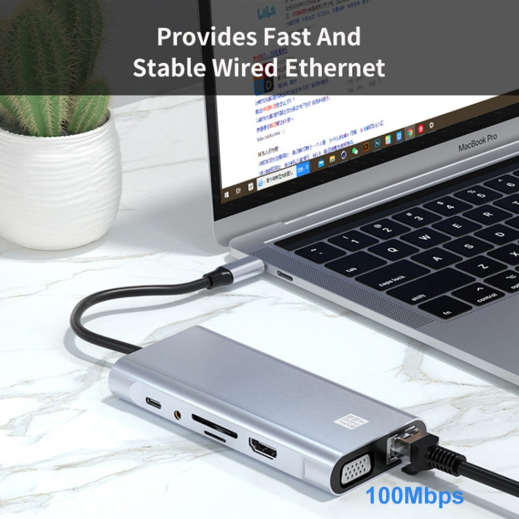 JUNSUNMAY 11 in 1 Type-C to 4K HDMI + VGA +RJ45 Docking Station Adapter PD Quick Charge Hub, JSM-HUB019