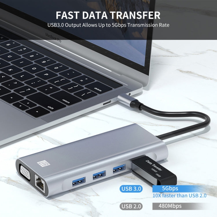 JUNSUNMAY 11 in 1 Type-C to 4K HDMI + VGA +RJ45 Docking Station Adapter PD Quick Charge Hub, JSM-HUB019
