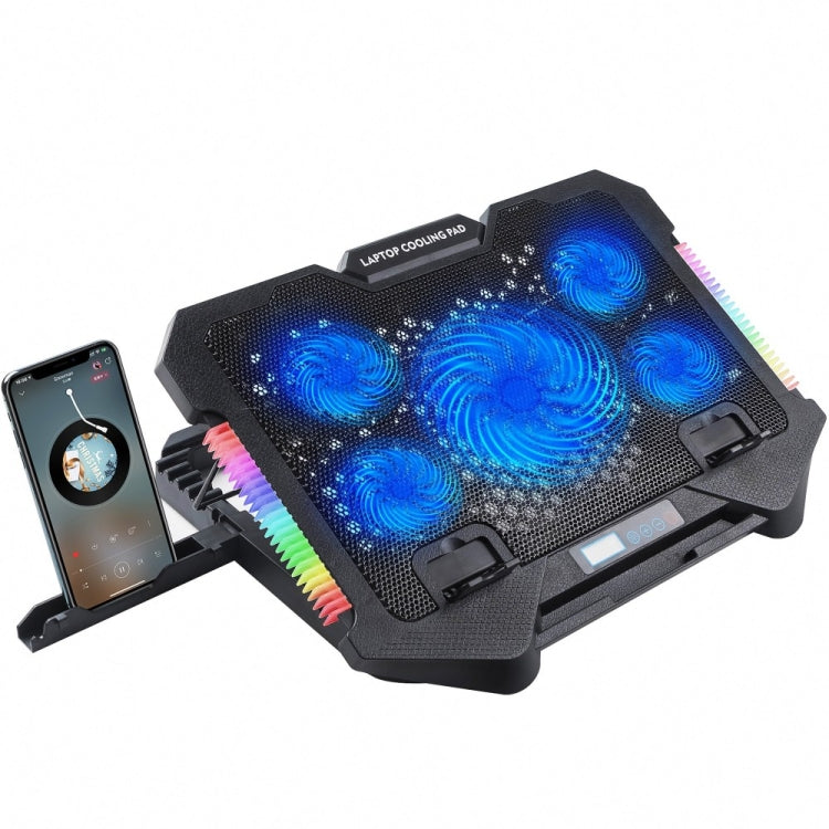 S500 Adjustable Height 5 Quiet Fans RGB Gaming Laptop Cooling Pad with Phone Holder, S500