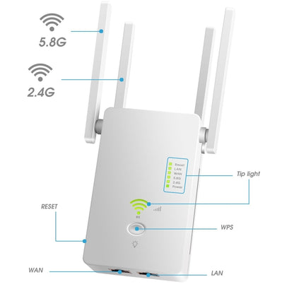 U6 5Ghz Wireless WiFi Repeater 1200Mbps Router Wifi Booster 2.4G Long Range Extender, US Plug, EU Plug