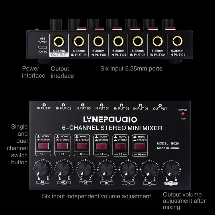 Mini 6-Channel Stereo Audio Mixer Musical Instrument Mixer Electric Wind Electric Guitar Electronic Piano Drums Mixer, B020