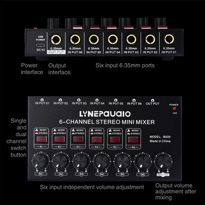 Mini 6-Channel Stereo Audio Mixer Musical Instrument Mixer Electric Wind Electric Guitar Electronic Piano Drums Mixer, B020