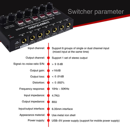 Mini 6-Channel Stereo Audio Mixer Musical Instrument Mixer Electric Wind Electric Guitar Electronic Piano Drums Mixer, B020