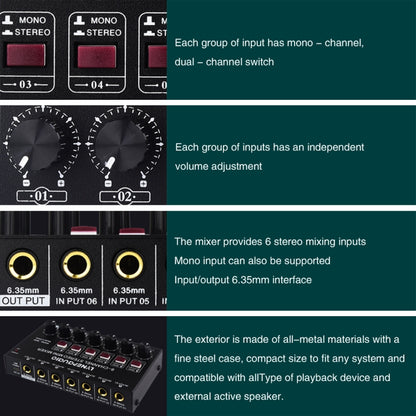 Mini 6-Channel Stereo Audio Mixer Musical Instrument Mixer Electric Wind Electric Guitar Electronic Piano Drums Mixer, B020