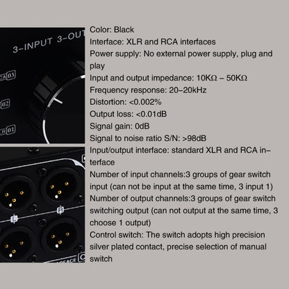 3 Input To 3 Output Fully Balanced XLR Signal Passive Stereo Selector Switch Switcher, B033