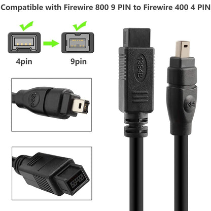 JUNSUNMAY FireWire High Speed Premium DV 800 9 Pin Male To FireWire 400 4 Pin Male IEEE 1394 Cable, 1.8m, 3m, 4.5m