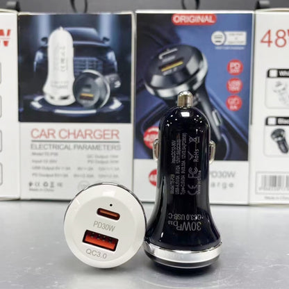 P28 USB-C PD30W + QC3.0 18W USB Dual Port Car Charger, P28 (Black), P28 (White)