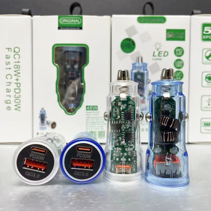 P35 48W PD30W + QC3.0 18W USB Transparent Car Charger with Type-C to 8 Pin Phone Data Cable, P35 with Cable (Transparent), P35 with Cable (Transparent Blue)