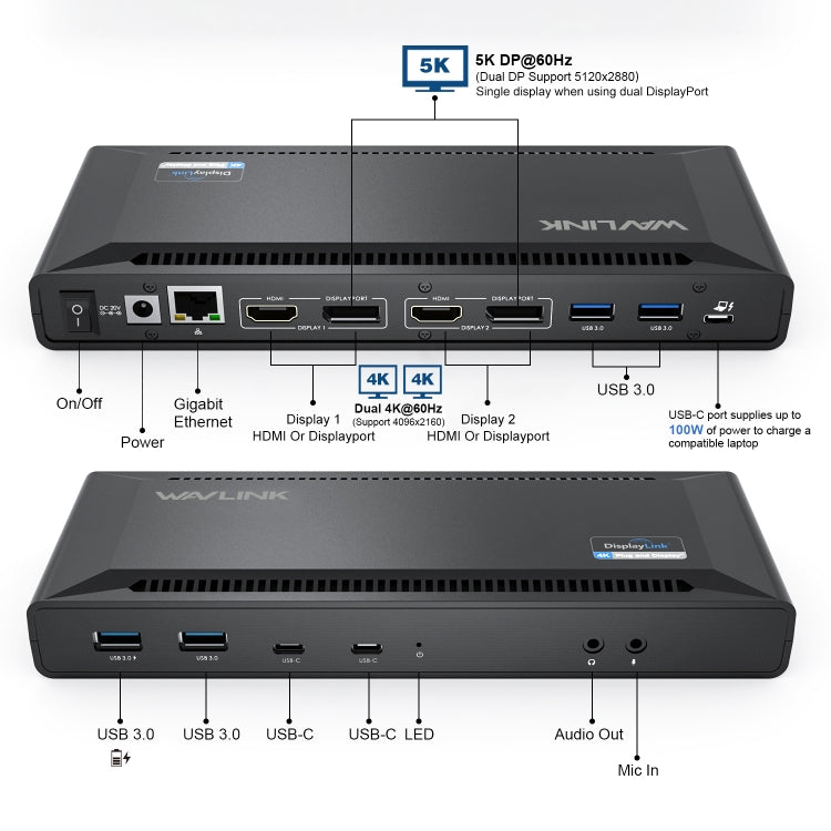 Wavlink UG69PD2 Dual 4K Fast Charging Integrated Docking Station, US Plug, EU Plug, UK Plug, AU Plug