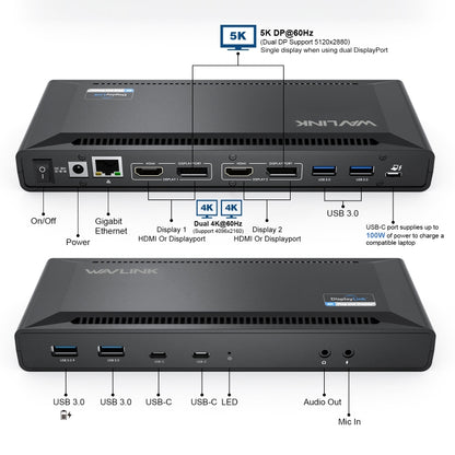 Wavlink UG69PD2 Dual 4K Fast Charging Integrated Docking Station, US Plug, EU Plug, UK Plug, AU Plug