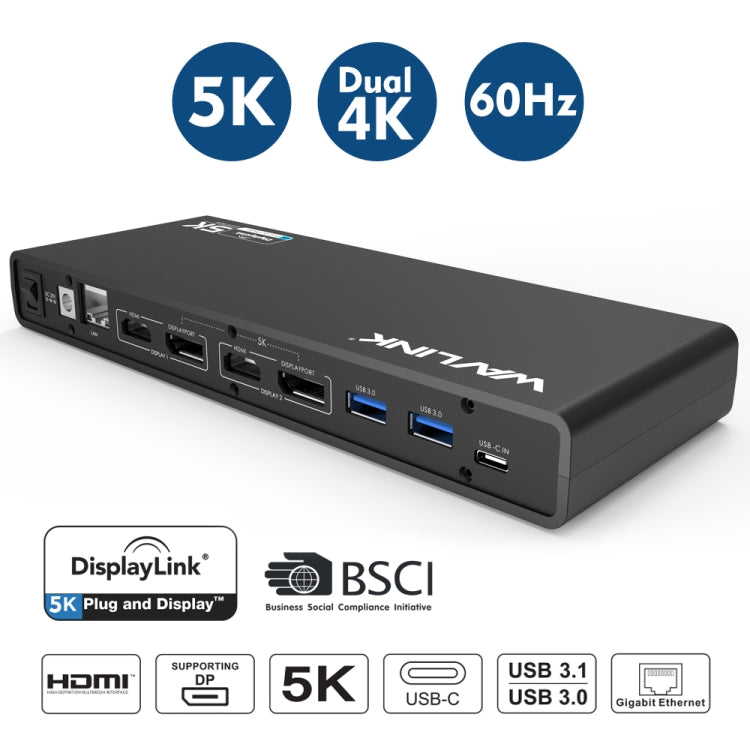 Wavlink UG69DK1 5K Type-C Dual Display USB 3.0 Video Gigabit Ethernet HDMI Docking Station, US Plug, EU Plug, UK Plug, AU Plug