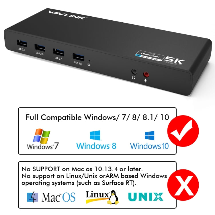 Wavlink UG69DK1 5K Type-C Dual Display USB 3.0 Video Gigabit Ethernet HDMI Docking Station, US Plug, EU Plug, UK Plug, AU Plug