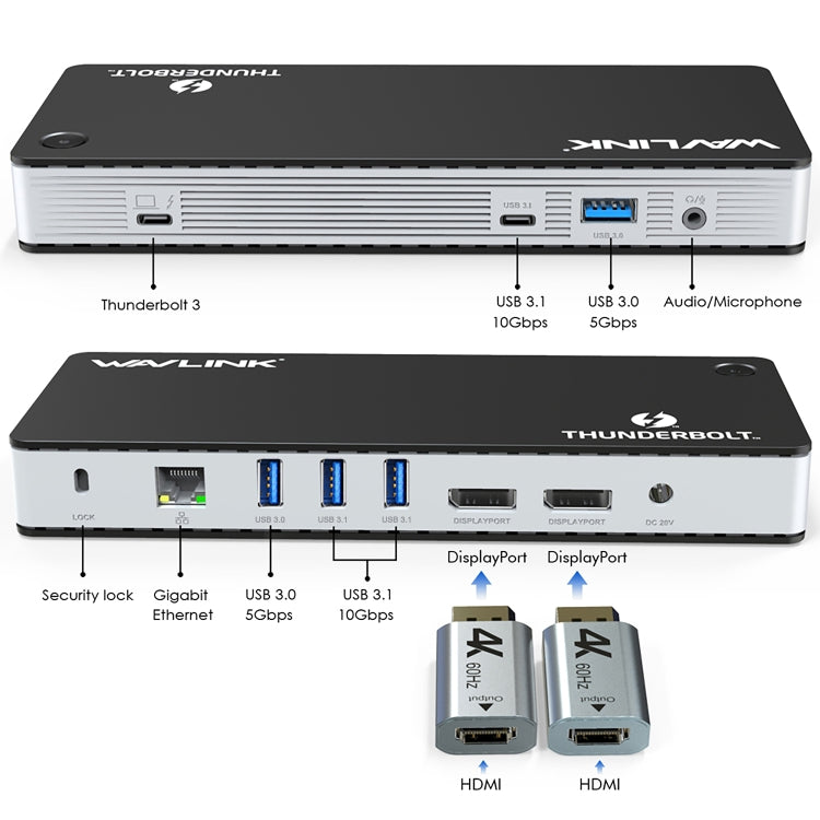 Wavlink UTD21H 60W Host Charging Thunderbolt 3 Docking Station 4K Dual Display 11 in 1 Ports, US Plug, EU Plug, UK Plug