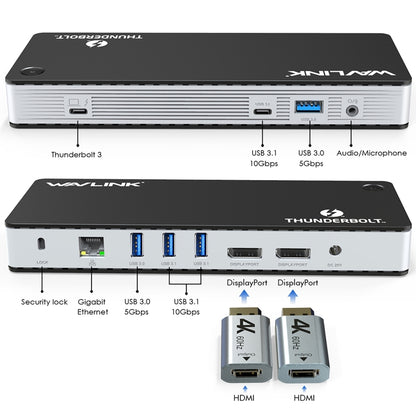Wavlink UTD21H 60W Host Charging Thunderbolt 3 Docking Station 4K Dual Display 11 in 1 Ports, US Plug, EU Plug, UK Plug
