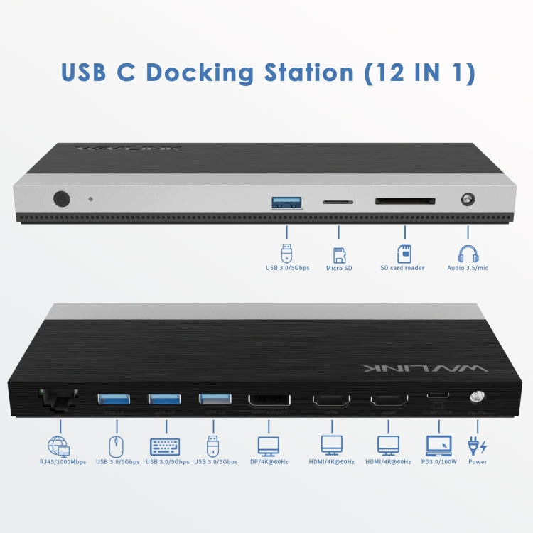 Wavlink UMD05 Display Port HDMI Port RJ45 Ethernet Triple Display MST Laptop Docking Station, US Plug, EU Plug, UK Plug, AU Plug