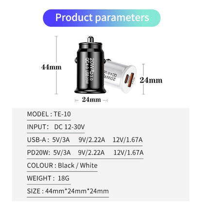 P10 Mini Style QC4.0 USB / PD20W Dual Port Car Charger, P10 (Black), P10 (White)