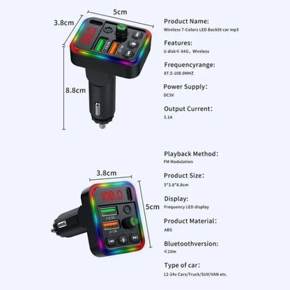 P19 Support U Disk Wireless 7-Colors LED Backlit Car MP3 Hands-Free Bluetooth Calling Car Audio Charger, P19