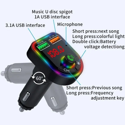 P6 Smart Bluetooth Calling Car Wireless MP3 Audio Device Colorful Ambient Lights Car Charger, P6
