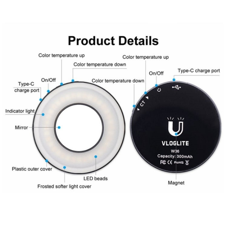 VLOGLITE W36 Mini LED Cell Phone Fill Light With Makeup Mirror Magnetic Selfie Ring Light, W36 Mirror