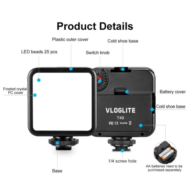 VLOGLITE T49 Portable LED Video Light 5600K Photography Photo Lighting Panel Mini Fill Lamp, T49