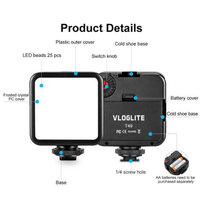 VLOGLITE T49 Portable LED Video Light 5600K Photography Photo Lighting Panel Mini Fill Lamp, T49