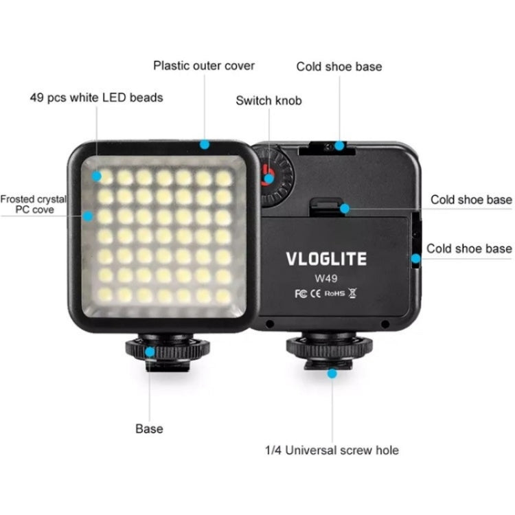 VLOGLITE W49 Photography Cell Phone Live Streaming Beauty Lights Mini Fill Light LED Camera Light, W49