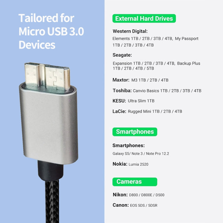 JUNSUNMAY USB 3.0 Male to Micro-B Cord Cable Compatible with Samsung Camera Hard Drive, 0.3m, 1m, 2m, 3m, 5m