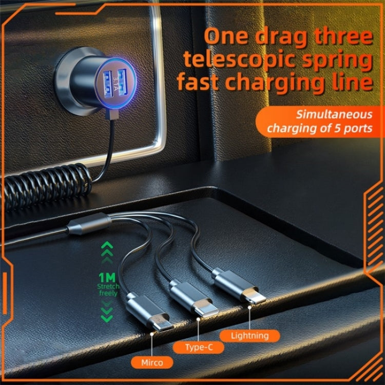 K15 Car Adapter 3 in 1 Stretchable Cable 22.5W Quick Charge Cigarette Lighter Dual USB Ports