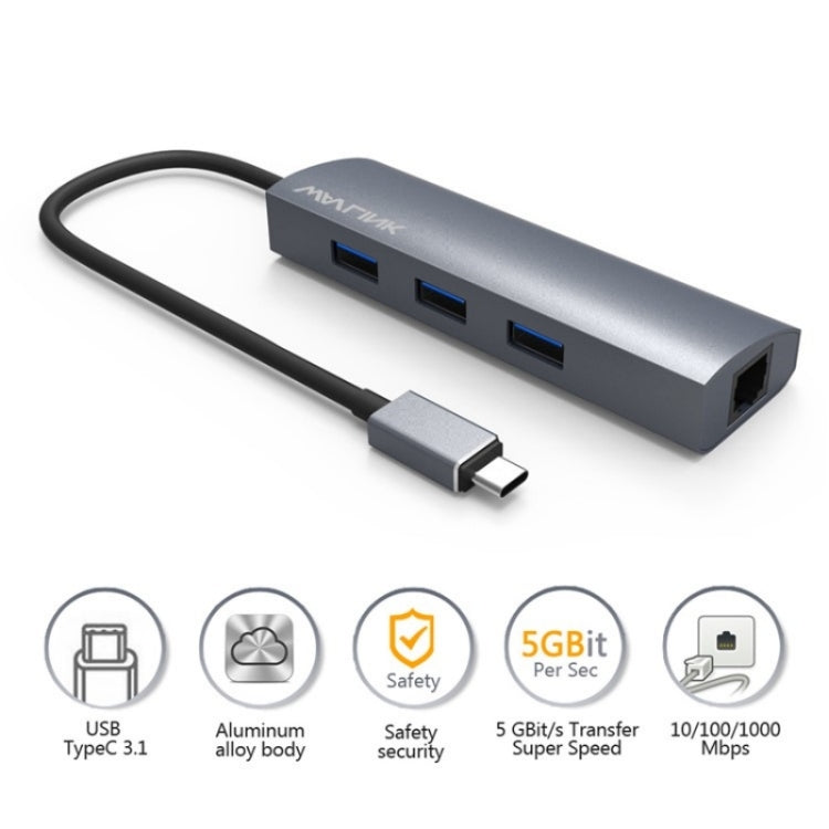 WAVLINK UH3031G/C Gigabit High Speed Hub Adapter Type-C to 3 x USB 3.0 + USB-C + RJ45 + DC Power Port, UH3031G/C