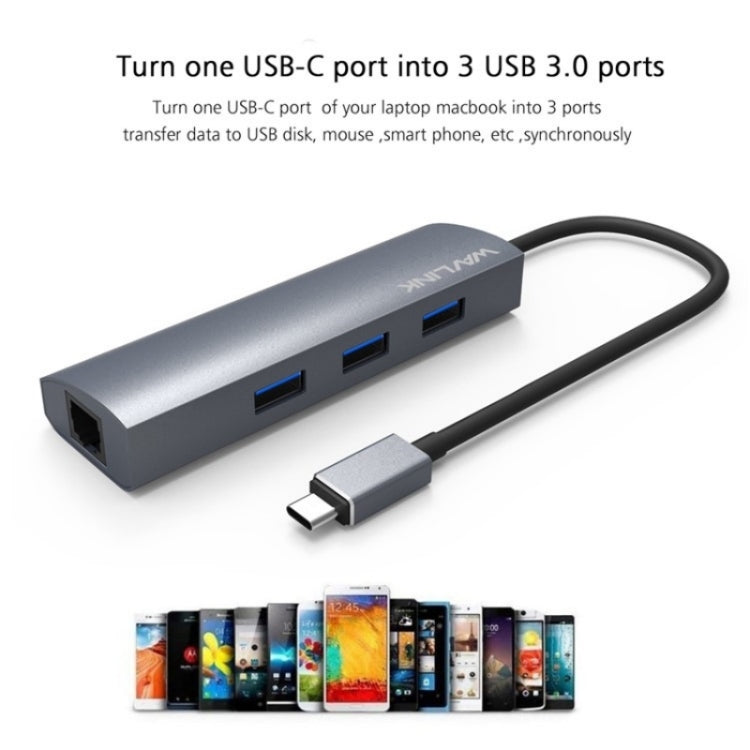 WAVLINK UH3031G/C Gigabit High Speed Hub Adapter Type-C to 3 x USB 3.0 + USB-C + RJ45 + DC Power Port, UH3031G/C