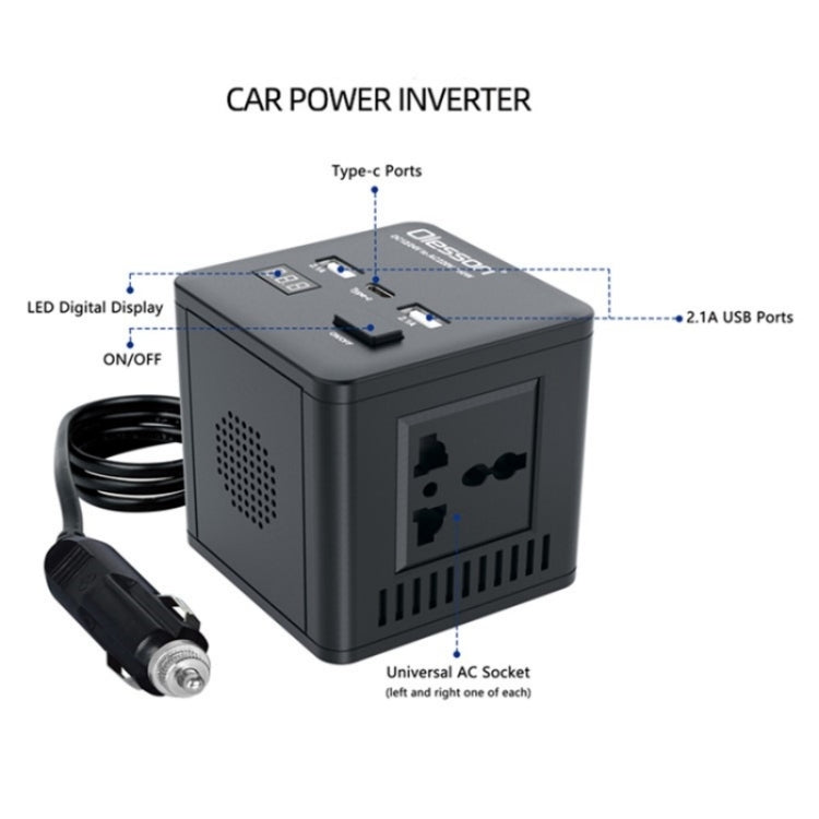 With LED Digital Display Car Power Inverter 150W Power Socket 2Type-C+2USB Car Charger, 150W 2USB