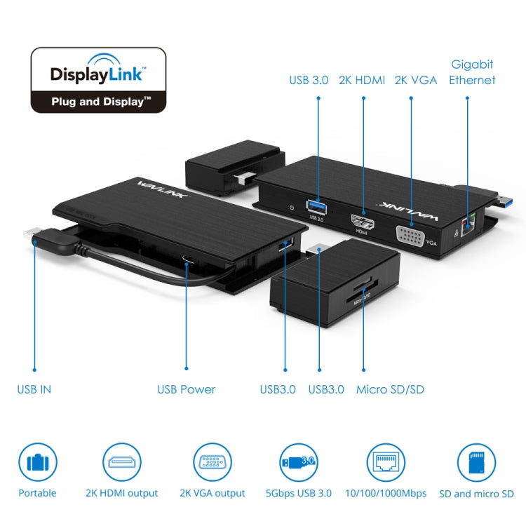 WAVLINK WL-UG39DH2 USB3.0 to HD / VGA / Gigabit Ethernet Splitter Adapter, UG39DH2
