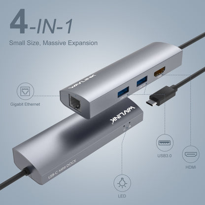 WAVLINK WL-UHP3408 USB HUB Adapter 4-in-1 Type-C to HD + 2xUSB3.0 + Gigabit RJ45 Docking Station, UHP3408