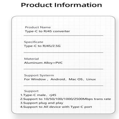 Type-C to RJ45 2500Mbps Ethernet Adapter, Type-C to RJ45
