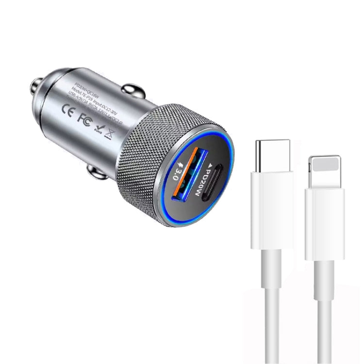 P19 Metal PD20W USB-C + QC18W USB Car Charger with Type-C to 8 Pin Date Cable, Type-C to 8 Pin Date Cable