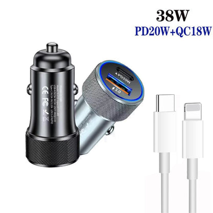P19 Metal PD20W USB-C + QC18W USB Car Charger with Type-C to 8 Pin Date Cable, Type-C to 8 Pin Date Cable