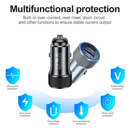 P19 Metal PD20W USB-C + QC18W USB Car Charger with Type-C to 8 Pin Date Cable, Type-C to 8 Pin Date Cable