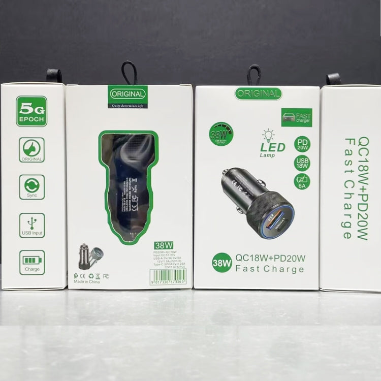 P19 Metal PD20W USB-C + QC18W USB Car Charger with Type-C to 8 Pin Date Cable, Type-C to 8 Pin Date Cable