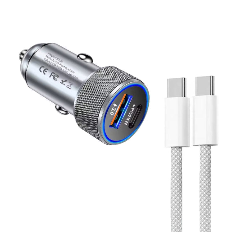P19 Metal PD20W USB-C + QC18W USB Car Charger with USB-C to USB-C Date Cable for iPhone 15 series, USB-C to USB-C Date Cable