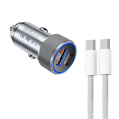P19 Metal PD20W USB-C + QC18W USB Car Charger with USB-C to USB-C Date Cable for iPhone 15 series, USB-C to USB-C Date Cable